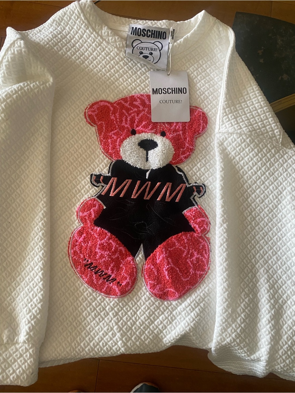 Moschino White Quilted Sweatshirt with Pink Teddy Appliqué